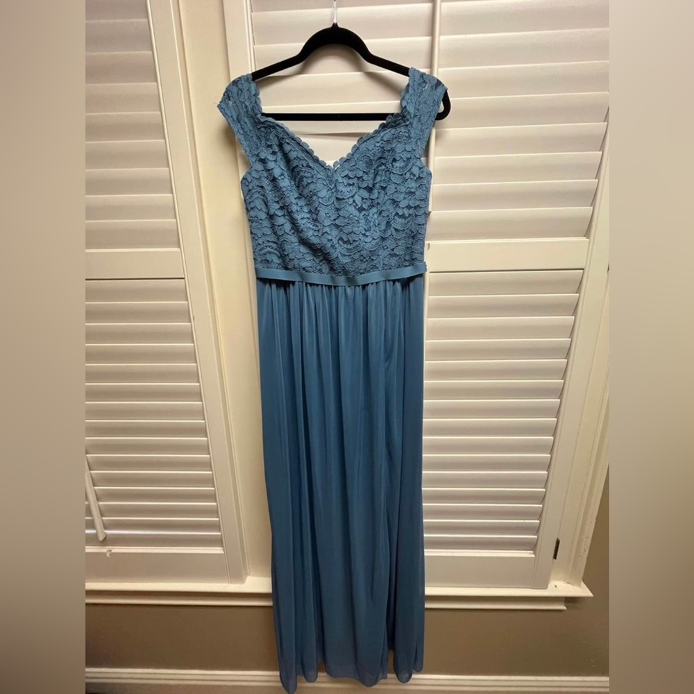 David’s Bridal Blue Off-The-Shoulder Lace Bridesmaid Dress